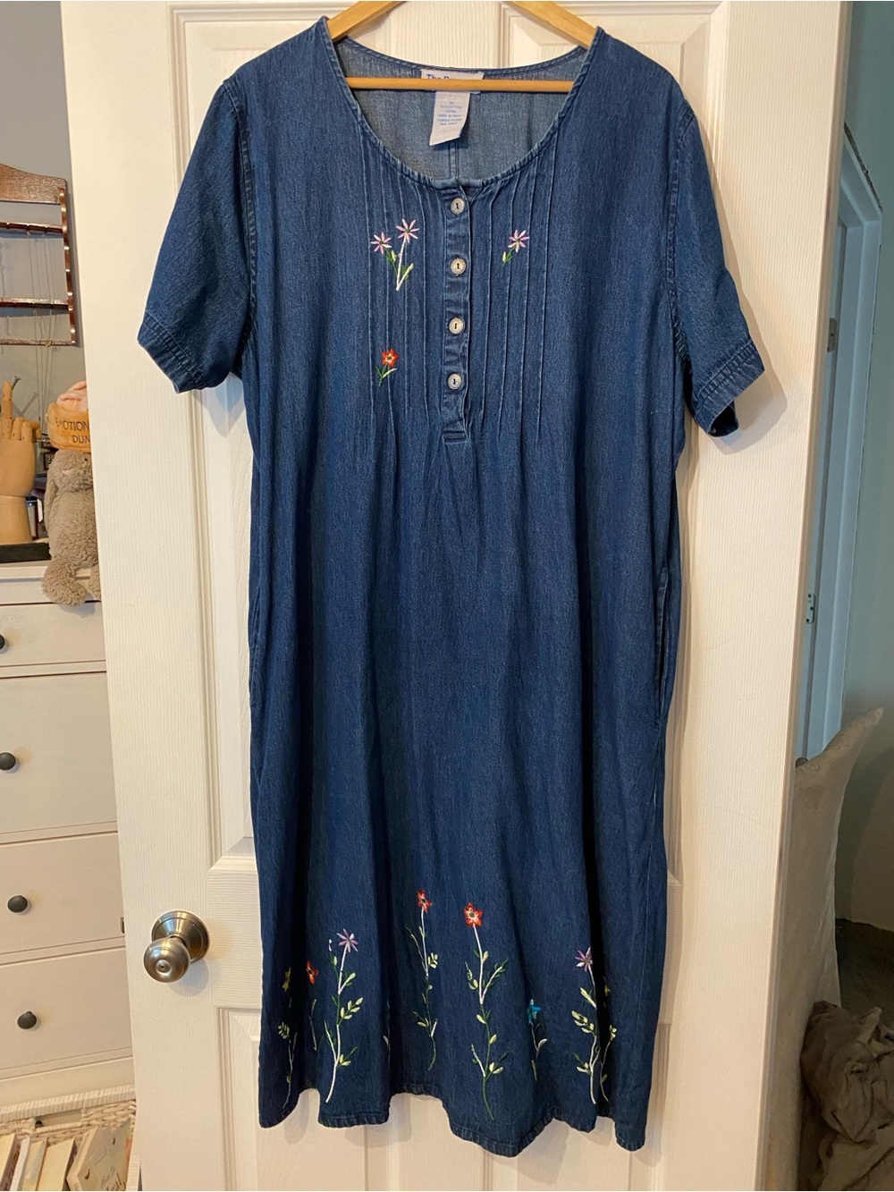 PARAGON Blue Embroidered Denim-Style Button Front Dress